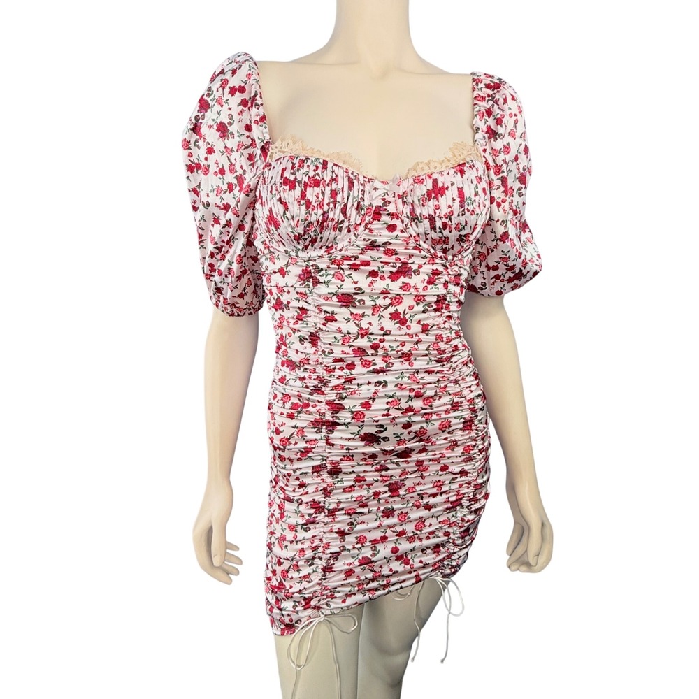 For Love & Lemons Melrose Silky Floral‎ Corset Mini Dress XS Ruched Puff Sleeve